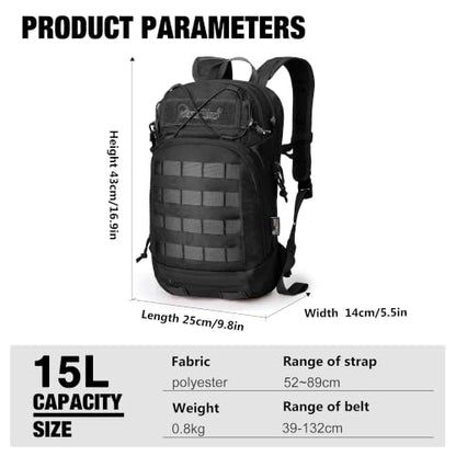 Mardingtop 15L Tactical MOLLE Hydration Backpack – Small Military Bag for Motorcycle, Hiking, Riding, Biking & EDC Daypack - color: Black
