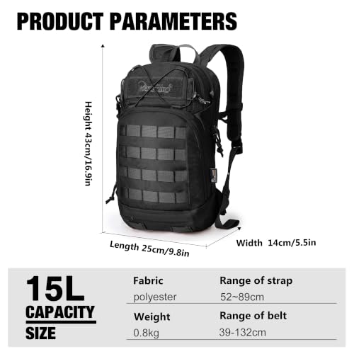Mardingtop 15L Tactical MOLLE Hydration Backpack – Small Military Bag for Motorcycle, Hiking, Riding, Biking & EDC Daypack - color: Black