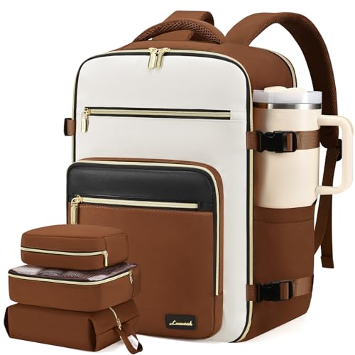 LOVEVOOK Travel Backpack For Women,50L Carry On Backpack Flight Approved,TSA Personal Item Travel Bag Fits 18 Inch Laptop,Business Weekender Overnight Daypack with Toiletry Bag and Cubes - color: Brown and White and Black, size: 18 Inch-50L-4Pcs