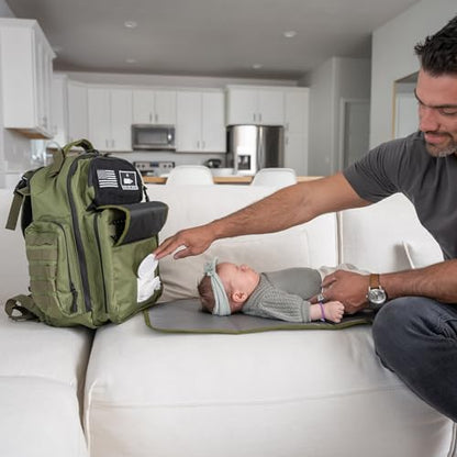 Green Dad Diaper Bag - Molle-Style Military Diaper Backpack Made of Rugged 900D Waterproof Polyester with Wider Extra-Long Straps, Dirty Diapers Pouch, Baby Wipes Dispenser & Insulated Bottle Pockets - color: Green