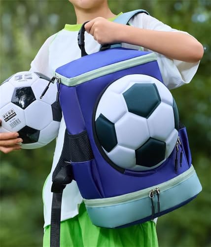 Soccer Backpack with Ball Holder on Outside, Football Volleyball Basketball Backpack with Shoe Compartment and Ball Holder - color: Soccer Blue