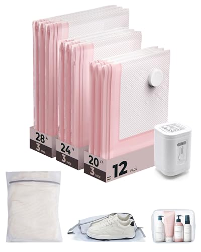 BAGSMART Vacuum Seal Storage Bags for Clothing Travel, 12 Pack Travel Essentials Bundle includes Laundry Bag & Waterproof Shoe Bag & TSA Approved Toiletry Bag, Hand Pump Included - color: Pink, size: 12 Combo Travel