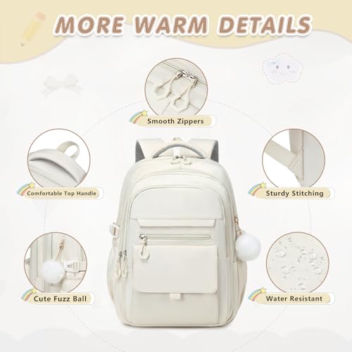 GeeWin Backpacks for Girls, Girls Backpack with Lunch Box & Pencil Case Set, 17 Inch Waterproof Girl Bookbag with Lots of Pockets for Kids, Teens, Elementary Middle High College School Student(Beige) - color: Beige