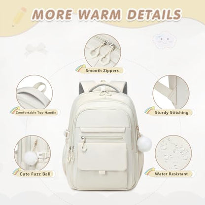 GeeWin Backpacks for Girls, Girls Backpack with Lunch Box & Pencil Case Set, 17 Inch Waterproof Girl Bookbag with Lots of Pockets for Kids, Teens, Elementary Middle High College School Student(Beige) - color: Beige