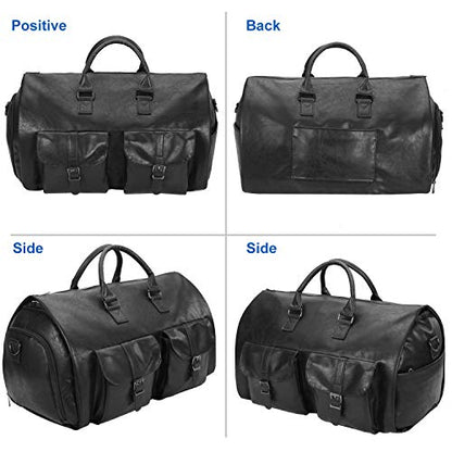 seyfocnia Convertible Travel Garment Bag,Carry on Garment Duffel Bag for Men Women - 2 in 1 Hanging Suitcase Suit Business Travel Bag - color: black-2pockets-Leather