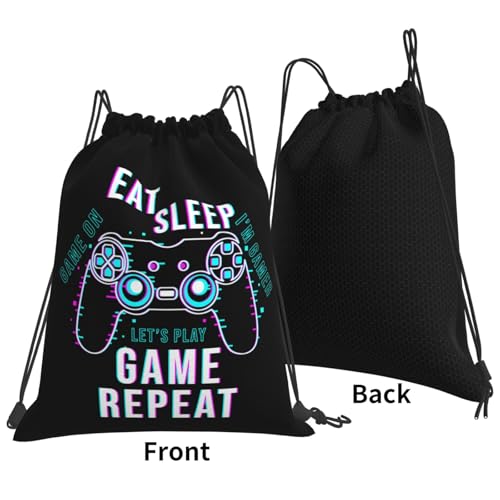 Eat Sleep Game Repeat Unisex Drawstring Backpack Bag Sport Gym Travel Swim Sackpack - color: Eat Sleep Game Repeat