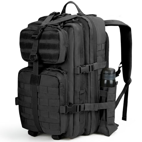 REEBOW GEAR Military Tactical Backpack for Men 3 Day Survival Bag Black | 40-45L Large Bag, Bottle Holder On the Side, MOLLE, for Outdoor Sports Hunting Hiking, Daypack Bug Out Rucksack Work Bag - color: Black2