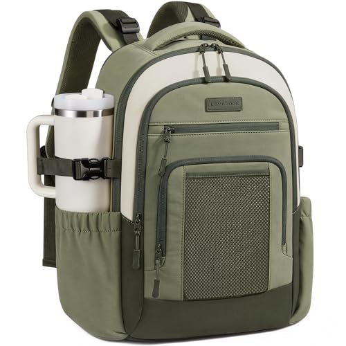 LOVEVOOK Laptop Backpack for Women with Large Cup Holder,15.6 Inch Work Computer Bag with Chest Buckle Back Pad Shoulder Buckle,Waterproof Business Backpack College Teacher Bag for Gift Travel - color: Off White-green, size: 15.6 Inch