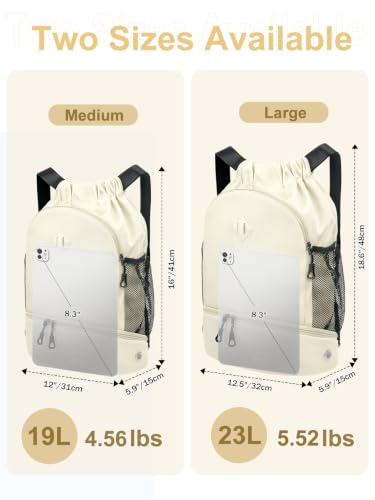RHDZO Drawstring Backpack with Shoe Compartment and Wet Pocket, Large Beige - color: Large Beige, size: Large