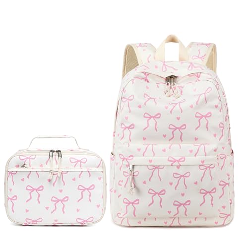 LOIDOU Girls Backpack for Kids Cute School Bookbag - color: Bow Tie Beige Set, size: L-17"