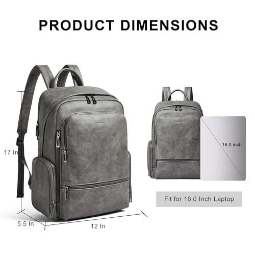Leather Backpack for Women Men, Fits 16.0 Inch Laptop, Soft Vegan Leather Backpack for Travel and Daily Use, Grey - color: Grey