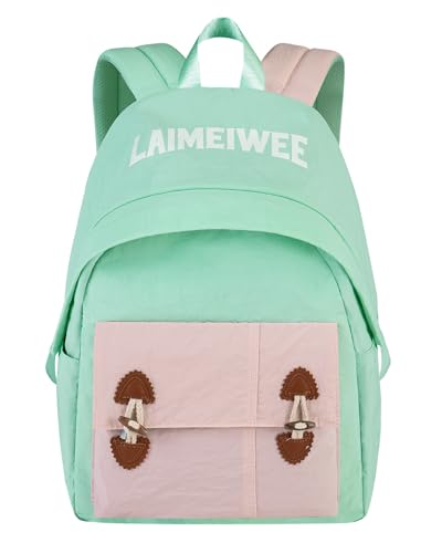 Lightweight Travel Backpack for Women, School Backpack for Teen Girls & Boys, Water-repellent Taslon Fabric, Stylish Casual Daypack for College Everyday Use, Fits 14" Laptop, Green & Pink - color: Green & Pink