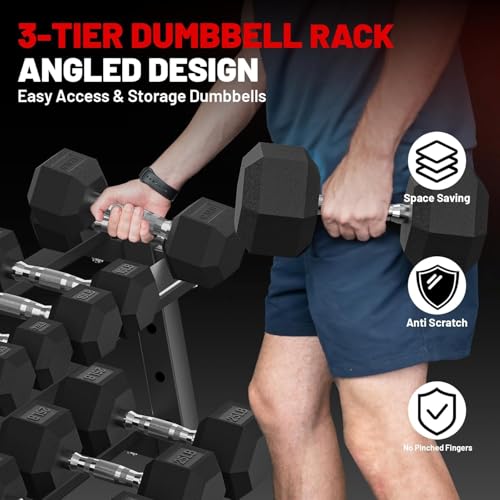 PAPABABE Hex Dumbbell Set with Rack, Rubber Encased Free Weight with Weight Storage Racks, Multiple Weight Options for Home Gym and Fitness - style: 550LB with 3-Tier Weight Rack