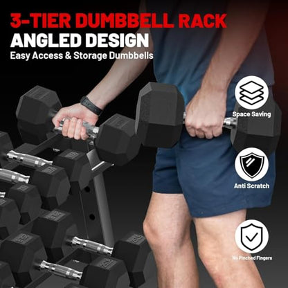 PAPABABE Hex Dumbbell Set with Rack, Rubber Encased Free Weight with Weight Storage Racks, Multiple Weight Options for Home Gym and Fitness - style: 550LB with 3-Tier Weight Rack