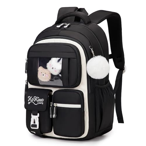 PIG PIG GIRL Kids Backpack for Girls - School Bags for Middle School Students - Book Bag for Elementary Primary - Kawaii Ita Backpack - Black and Beige - color: Black and Beige