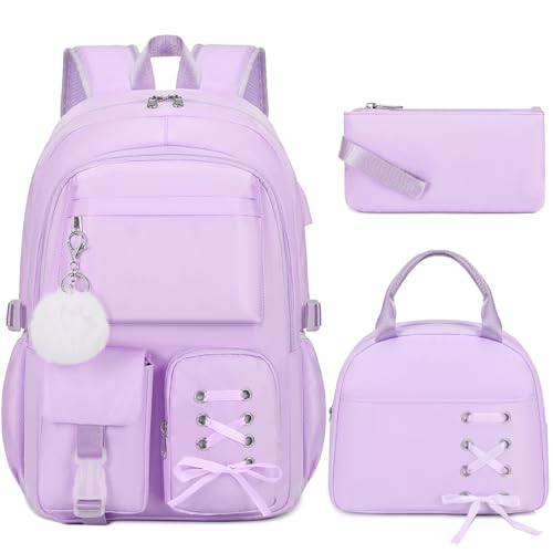 Scothen Backpacks for Girls, Girls Backpack with Lunch Box & Pencil Pouch for Teens Girl Kids Elementary Middle High School College Student Bookbag Daypack Laptop Travel Backpack for Women - color: Purple