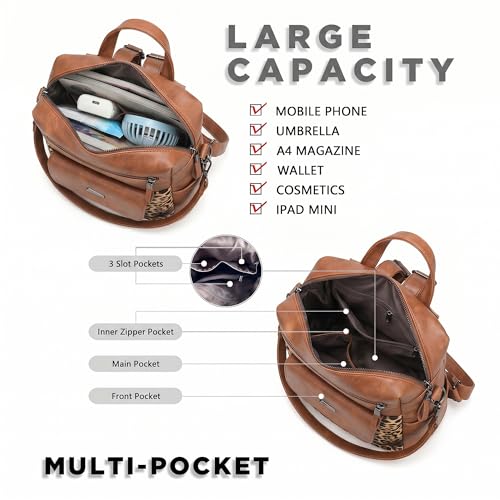 WYFJNX PU Leather Backpack Purse for Women Fashion Multipurpose Design Handbag Ladies Shoulder Bags Travel Backpack Brown with Leopard Print - color: Leopard