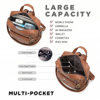 WYFJNX PU Leather Backpack Purse for Women Fashion Multipurpose Design Handbag Ladies Shoulder Bags Travel Backpack Brown with Leopard Print - color: Leopard