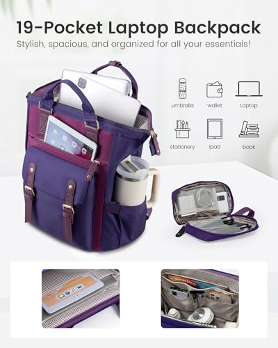 LOVEVOOK Laptop Backpack for Women with Giant Tumbler Holder Pocket,15.6 inch Waterproof Travel Backpack Purse Computer Laptop Bag - color: Purple Blue, size: 15.6 Inch Cup
