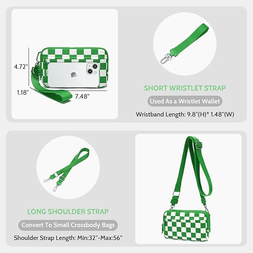 FODOKO Wristlet wallets for women Nylon Quilted Wallet with 4 Zippers,Travel Credit Card,Holder Cell Phone Organizer - color: Greener