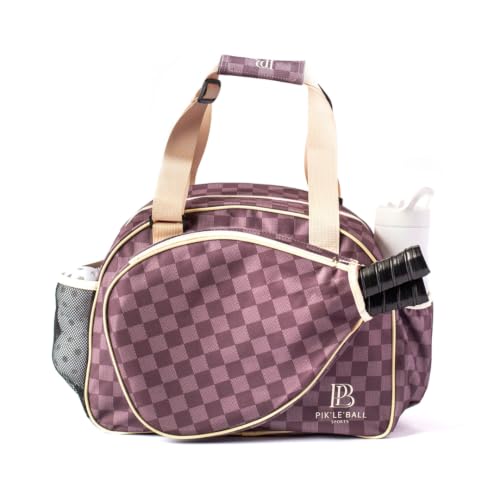 Pik’le’Ball Sport Premium Women's Pickleball Bag – Stylish and Versatile Sports Bag with Water Bottle Holder, Padded Paddle Pocket, and Spacious Design (fits 2+ Paddles!) - color: Checkered Chic Brown
