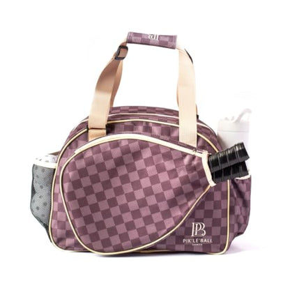 Pik’le’Ball Sport Premium Women's Pickleball Bag – Stylish and Versatile Sports Bag with Water Bottle Holder, Padded Paddle Pocket, and Spacious Design (fits 2+ Paddles!) - color: Checkered Chic Brown