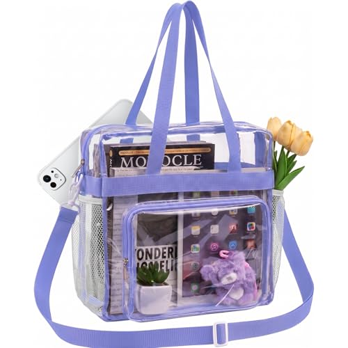 Clear Tote Bag for Stadium Events 12x6x12 inches, Triple-Pocket with Reinforced Strap, for Concert, Sport, Festival - color: Purple