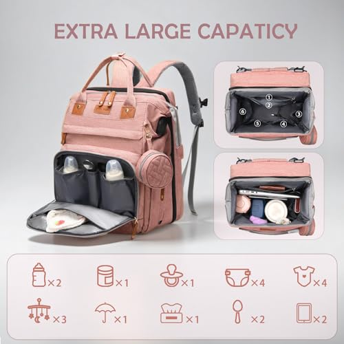 Diaper Bag Backpack with Changing Station, Waterproof for Travel, Pink - color: Pink
