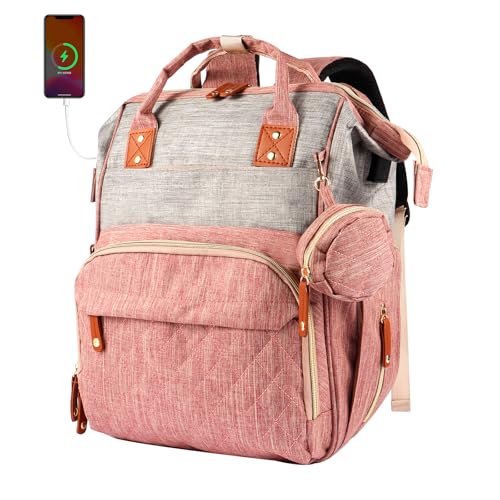 MosaiRudo Diaper Bag Backpack Baby Bag,Waterproof, Travel Diaper Bags with Pacifier Case for Baby Girl Boy Backpack for Women (Pink-Gray) - color: Pink-gray
