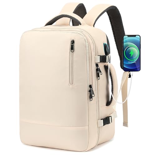 TANTOMI Travel Backpack for Women, 15.6 Inch Laptop Backpack Flight Approved, Small Carry-On Bags with USB Charging Port & Shoe Pouch, Casual Daypack on Airplane for Weekender Work Business, Beige - color: D-beige