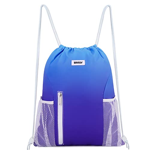 WANDF Drawstring Backpack Sports Gym Sackpack with Mesh Pockets Water Resistant String Bag for Women Men (Blue) - color: Blue