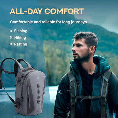 Xelfly Waterproof Fishing Backpack G2 with Rod Holder, Inflatable Air Valve, Padded Waist Straps & Gear Loops - Submersible Zipper, Rugged Top Handle, Adjustable Attachments (Gray) - color: Gray, size: G2 Backpack