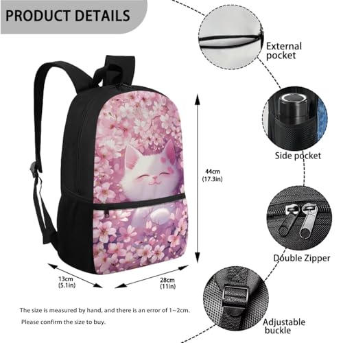 ZOUTAIRONG School Bags for Girls 7-10/10-12/12-17, Insulated Water Bottle for Hot & Cold Drinks, Cherry Blossom Cat Design Casual Backpack with Side Pockets - color: Cherry Blossom Cat