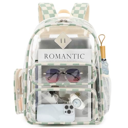 Clear Backpack for School, Girls Boys Transparent Bookbag Women See Through Backpack for Travel Security College Concert (Corduroy Checkered Green) - color: Corduroy Checkered Green