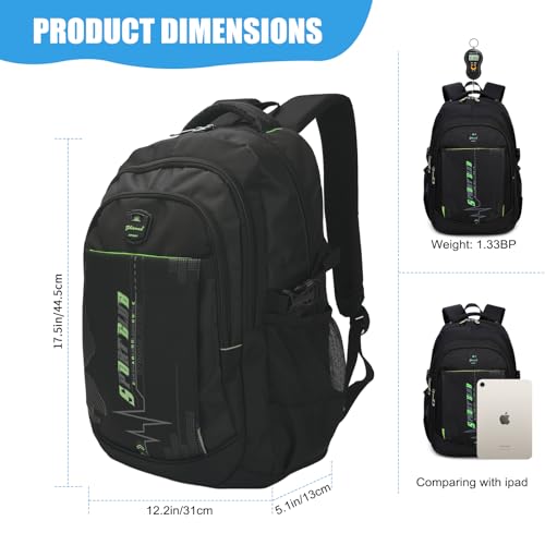 goldwheat School Backpack For Teen Boys, Lightweight Water-Resistant Boys Bookbag With Computer Compartment Fits 15.6" Laptop - color: Black-green