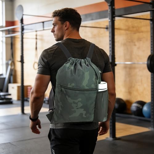HOLYLUCK Men & Women Outdoor Sport Gym Sack Waterproof Drawstring Backpack Bag (Standard with width webbing, Black Camo-1) - color: Black Camo-1, style: Standard With Width Webbing