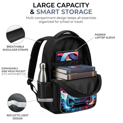 Police Car Kids Backpack, Future Starry Sky Spaceship with Lightning School Bag with Reflective Safety Design, Durable Bookbag for Boys Elementary School Daily Carry, 17 Inch - color: Police Car