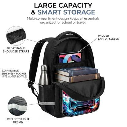 Police Car Kids Backpack, Future Starry Sky Spaceship with Lightning School Bag with Reflective Safety Design, Durable Bookbag for Boys Elementary School Daily Carry, 17 Inch - color: Police Car