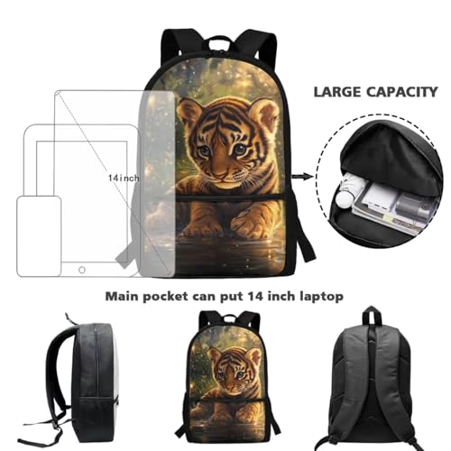 ZDCUSTOM Boys School Backpack with Lunch Box 5PCS, Tiger Cub Bookbag for School, Cute Schoolbags with Water Bottle Sleeves,Pencil Case Keychain, Back to School Gifts for Elementary - color: Tiger Cub