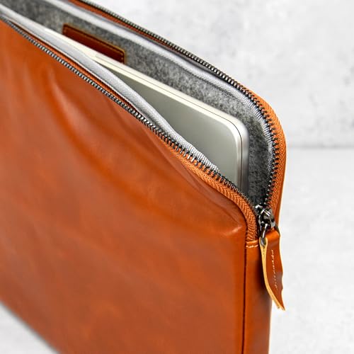 Casemade Real Leather Laptop Case/Zipped Folio Bag with Inner Pocket & Wool Lining Compatible with Apple MacBook, HP, Dell, Asus, Levovo (16 Inch - Tan) - color: Tan, size: 16 Inch