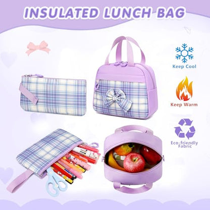 GeeWin School Backpack for Girls, Bookbags Back Pack School Bag for Teen Girl Elementary Middle School Student, Cute Stylish Plaid Girls Backpack with Matching Insulated Lunch Bag & Pencil Bag(Purple) - color: Purple
