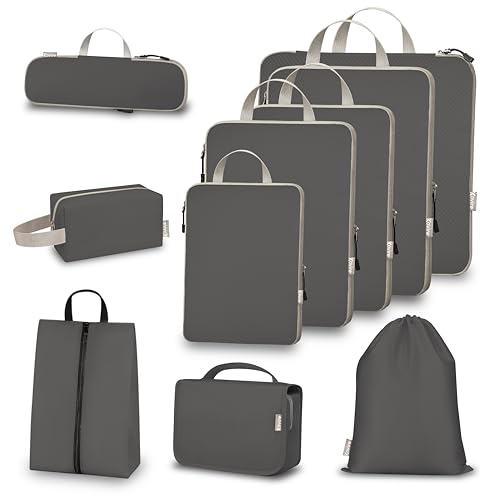 10 Set Compression Packing Cubes for Travel, Expandable Packing Organizer with Hanging Toiletry Bag, Shoe Bag & Accessories Bag, Ultralight Storage Travel Bags for Carry-on Luggage, Grey - color: Grey, size: Set of 10