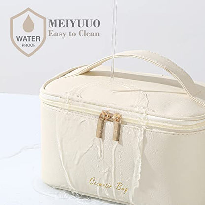 Meiyuuo Makeup Bag Large Cosmetic Bags for Women Girls Cute Travel Zipper Pouch Toiletry Organizer for Beauty Essentials Waterproof (Beige) - color: Light Beige