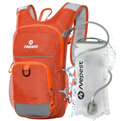 Nepest Kids Hydration Backpack, Mini Water Backpack with 1.5L Water Bladder for Hiking Cycling Running - color: Orange