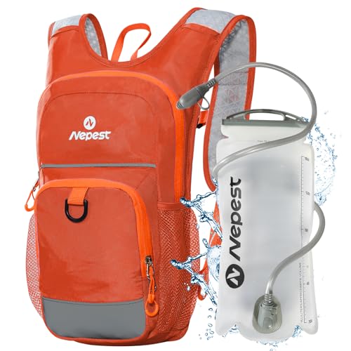 Nepest Kids Hydration Backpack, Mini Water Backpack with 1.5L Water Bladder for Hiking Cycling Running - color: Orange