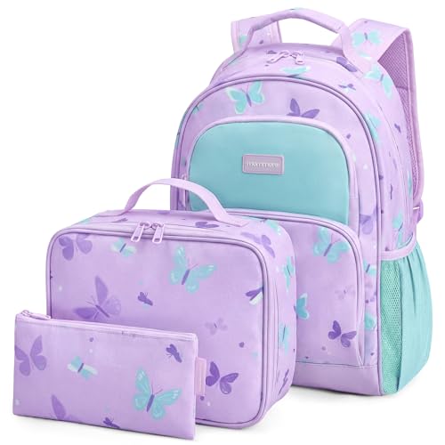 mommore Kids Backpack for Boys Girls 4-8 Kindergarten Elementary School Backpack with Lunch Box - 15” H Fit Folder - color: Butterfly, style: 3 Pcs