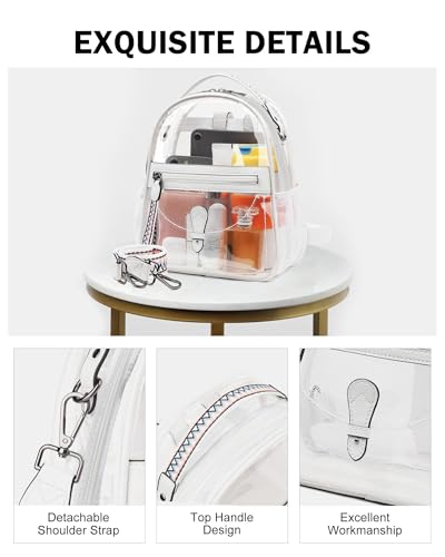 FADEON Clear Small Backpack Purse for Women, Designer Transparent Shoulder Handbag, PVC Mini Clear Bag for Stadium Approved - color: White Retro Style