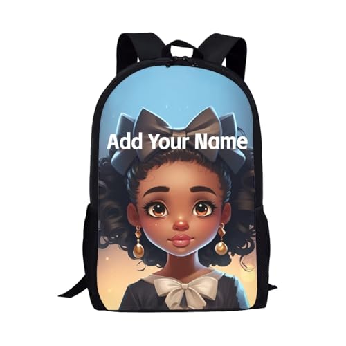 Personalized Backpacks for Girls 4-6/8-10 Afro Book Bag Kids Bookbag Girls 1st Grade/2nd Grade Custom Name School Bag with Water Bottles - color: African Black Girl-11