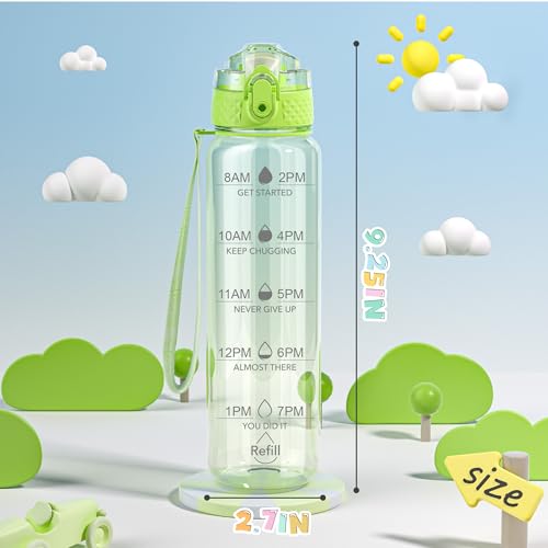OLDLEY 17oz Kids Water Bottle, Tritan BPA-Free, Leakproof Flip Straw Lid, Motivational Time Marker, Carry Strap, Reusable Clear Water Bottle for Boys & Girls,Parrott Green - color: Parrott Green, style: 17 Ounces