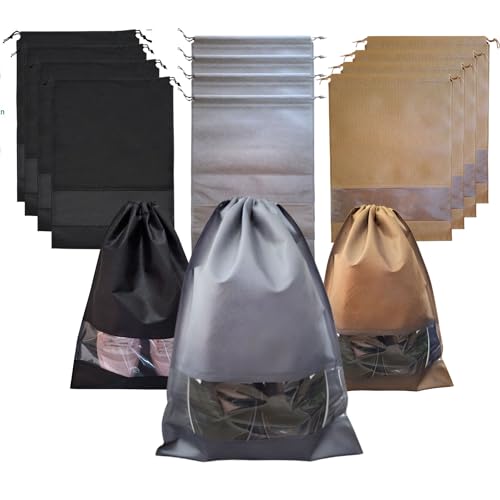 12 PCs Shoe Bags for Travel, Packing, Storage, Organizing & Suitcase. Reusable Dustproof & Water Resistant Sneakers Pouch Protectors with Clear Window & Drawstring. Laundry & Toys (Sand, Gray & Black) - color: Sand, Gray & Black
